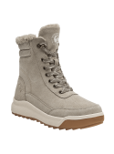 Botín beige de cuero para mujer, estilo outdoor, con cordones y ojales metálicos, ideal para climas fríos.