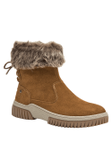 Botín camel de mujer en cuero con borde de pelo sintético, ideal para climas fríos, combina elegancia y calidez.