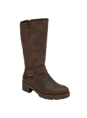 Bota femenina de cuero café, estilo clásico y funcional, con costuras visibles que resaltan su diseño cuidadoso y moderno.