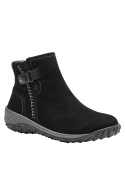 Botín negro de cuero para mujer con diseño casual, caña media y hebilla decorativa, ideal para un estilo urbano y práctico.