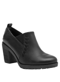 Zapato de vestir negro para mujer en cuero, con diseño tipo botín y taco grueso que ofrece estabilidad y altura.