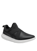 Zapatilla negra urbana de cuero para hombre, minimalista, sin cordones, con bandas elásticas cruzadas.