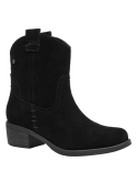 Botín vaquero negro de cuero para mujer con costuras decorativas, ideal para un look casual.