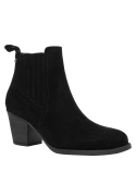 Botín de cuero negro estilo Chelsea para mujer, con taco ancho y cuadrado que proporciona estabilidad al caminar.