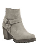 Botín taupe de cuero para mujer con diseño trenzado, ideal para un look casual o semiformal, con taco ancho y robusto.