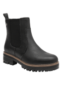 Botín Chelsea negro de cuero texturizado para mujer, con paneles elásticos y lengüeta trasera para fácil calce.