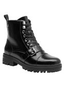Botín negro de charol para mujer, diseño militar con cordones y hebilla decorativa en el empeine.