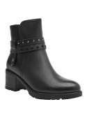 Botín negro de cuero para mujer con tachas, diseño moderno y elegante, ideal para uso diario y eventos formales.