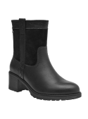 Elegante bota de cuero negro para mujer, con detalle de costura decorativa que añade un toque moderno al diseño sobrio.