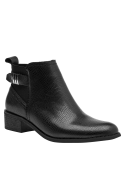 Botín negro casual de mujer en cuero con acabado imitación reptil, diseño moderno y taco cuadrado para uso diario.
