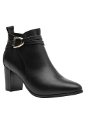 Botín negro de cuero para mujer, ideal para vestir, con diseño moderno y sofisticado, tacón medio y punta afilada.