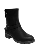 Botín negro de cuero para mujer, diseño robusto y casual, ideal para diario, con correa y hebilla metálica.