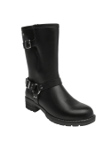Bota negra de cuero estilo biker para mujer, diseño robusto con hebillas metálicas, ideal para motociclistas.