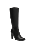 Bota de mujer negra de cuero, caña alta justo debajo de la rodilla, ideal para climas fríos y combinable con faldas.