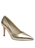 Zapato de taco aguja oro para mujer, diseño clásico y elegante en cuero, ideal para eventos formales, con puntera afilada.