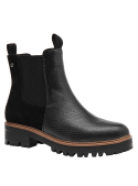 Botín Chelsea negro de mujer, mezcla de cuero y textil, perfecto para un estilo versátil y contemporáneo.