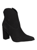 Botín negro de cuero para mujer, moderno y urbano, con taco alto cuadrado para mayor estabilidad.