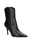 Botín negro de cuero para mujer, estilo casual, con tacón alto y delgado, ideal para un look refinado en eventos formales.