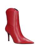 Botín rojo de cuero para mujer, diseño elegante con tacón alto que ofrece un ajuste cómodo y apariencia estilizada.
