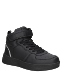 Zapatilla colegial negra para niño, corte alto, soporte de tobillo, cierre de cordones y velcro.