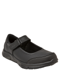 zapatilla colegial negra de cuero para niña con diseño Mary Jane, correa ajustable y punta redondeada para comodidad.
