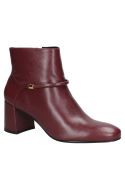Botín burdeos de cuero para mujer, diseño elegante con tacón ancho y cuadrado, ideal para atuendos casuales y formales.