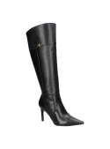 Bota negra de mujer en cuero liso, diseño de caña alta hasta debajo de la rodilla, ideal para un estilo casual sofisticado.