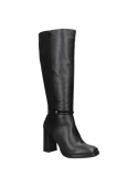 Bota casual de cuero negro, caña alta y diseño elegante, perfecta para ocasiones formales y casuales.