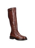 bota café de cuero liso para mujer, diseño clásico y elegante, caño alto bajo la rodilla y punta redondeada.