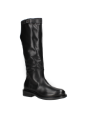 Bota de cuero negro para mujer, diseño clásico con hebilla y suela que ofrece buen agarre en situaciones formales.