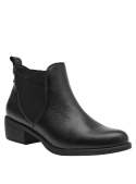 Botín negro de cuero Chelsea para mujer, elegante y cómodo, con caña media y textura granulada.