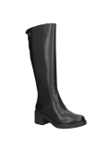 Bota negra de cuero para mujer, diseño alto hasta la rodilla, con ajuste elástico trasero y detalle de cierre superior.