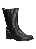 Bota negra de cuero para mujer, diseño elegante y resistente, corte medio cómodo con detalles artesanales y hebilla lateral.