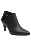 Botín negro de cuero para mujer, taco alto, puntera afilada, ideal para eventos formales, detalle en charol.