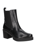 Botín Chelsea negro de cuero para mujer, con diseño elegante sin cordones y elástico lateral para fácil ajuste y comodidad.