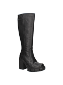 Bota negra de mujer, estilo casual, con caña alta de cuero sintético, detalle lateral de broche, ideal para moda urbana.