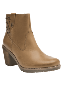 Botín camel de cuero para mujer, con taco medio y suela antideslizante robusta, perfecto para comodidad prolongada.