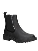 Botín Chelsea negro de cuero para mujer con suela gruesa, ideal para terrenos variados y estilo elegante.