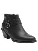 Botín negro de cuero para mujer, diseño casual y elegante con correas laterales y hebillas decorativas.