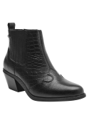Botín negro de cuero para mujer, diseño vaquero, textura reptil y taco cubano. Elegante y versátil.