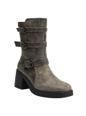 Calzado casual de cuero taupe para mujer con suela gruesa de goma y taco cuadrado, perfecto para uso diario.