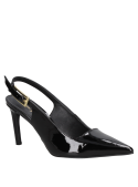 Elegante zapato de charol negro para mujer, taco alto y delgado, puntera puntiaguda, correa con hebilla para ajuste seguro.