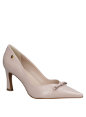 elegante calzado rosado de cuero para mujer con taco aguja, robusto y estilizado, ideal para ocasiones formales