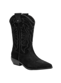 Bota vaquera negra de cuero para mujer con bordado decorativo en la caña alta, ideal para un estilo elegante y clásico.
