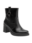Botín negro de cuero para mujer, estilo casual, con diseño clásico y moderno, ideal para moda urbana y salidas casuales.