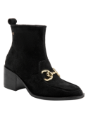 Botín negro de cuero para mujer, elegante, con costuras visibles y hebilla metálica. Ideal para estilo casual.