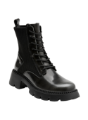 Botín negro de cuero para mujer, diseño robusto y contemporáneo con caña alta que proporciona buen soporte al tobillo.