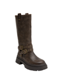 Bota biker de cuero café para mujer, con diseño industrial, tirador superior y textura rugosa para un aspecto resistente.