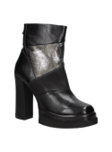 Botín de cuero negro para mujer, moderno y elegante, con tacón alto y ancho, ideal para ocasiones sofisticadas.
