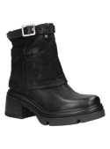 Botín negro de cuero para mujer con estilo casual, ideal para un look moderno y resistente, suela gruesa y tacón cuadrado.